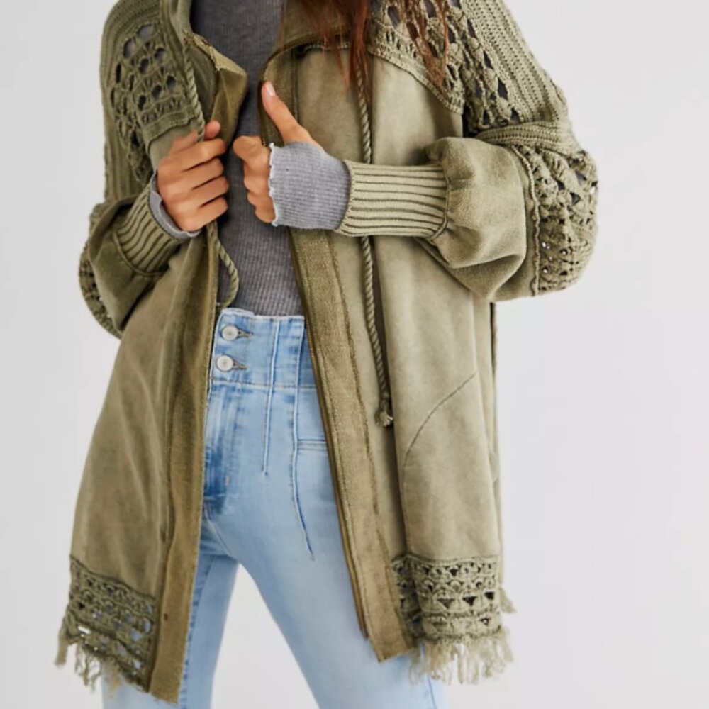 Free People Olive Green Crochet Sleeve Cardigan - Picture 2 of 4